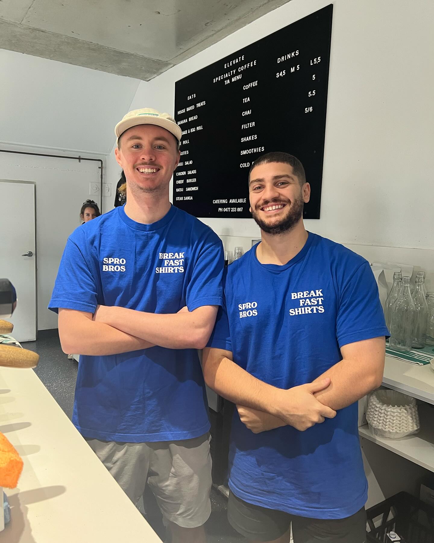 Blue breakfast shirts worn by Elevate team members